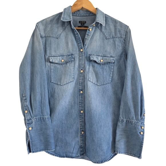 J crew Tops - J. Crew Garcon Chambray Denim Western Shirt Pearl Button UP Size 4 (Fits like M)